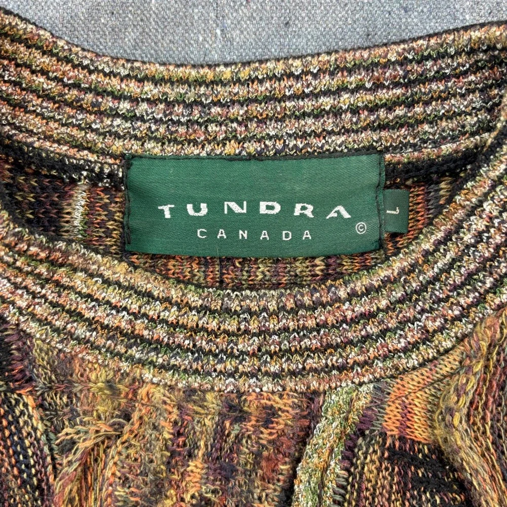 Vintage Tundra Canada Mens Large 3D Knit Sweater Coogi Style Earth Tone Multi